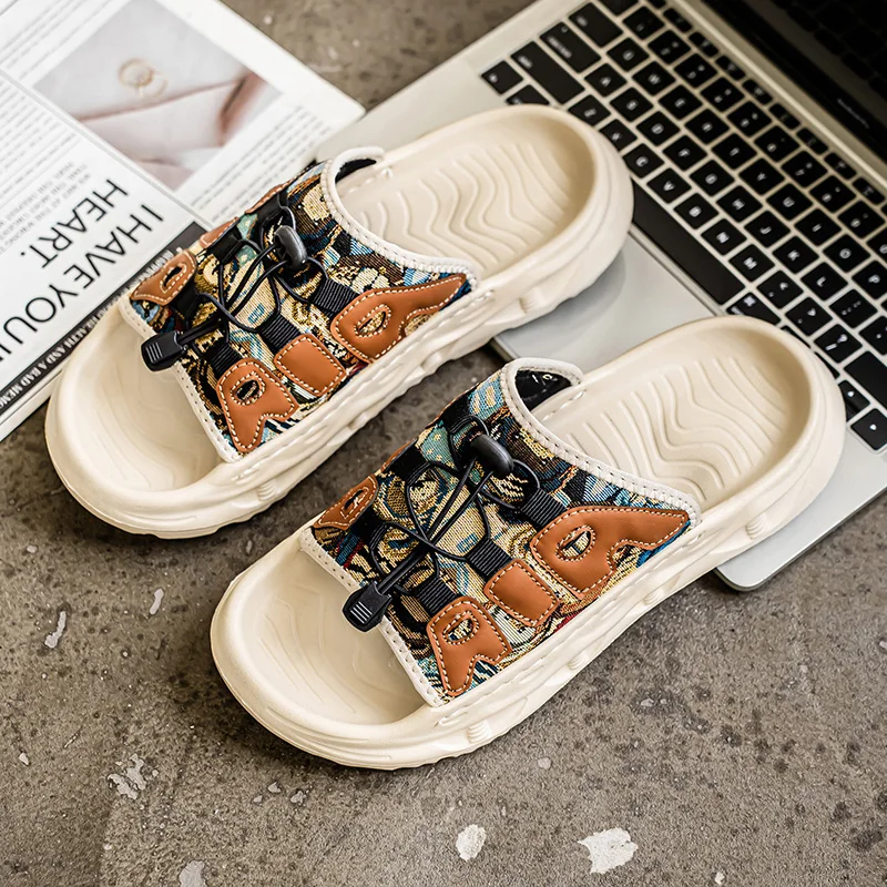 

Summer new men's breathable casual sandals fashionable printed fabric slippers outdoor student thick sole comfortable slippers