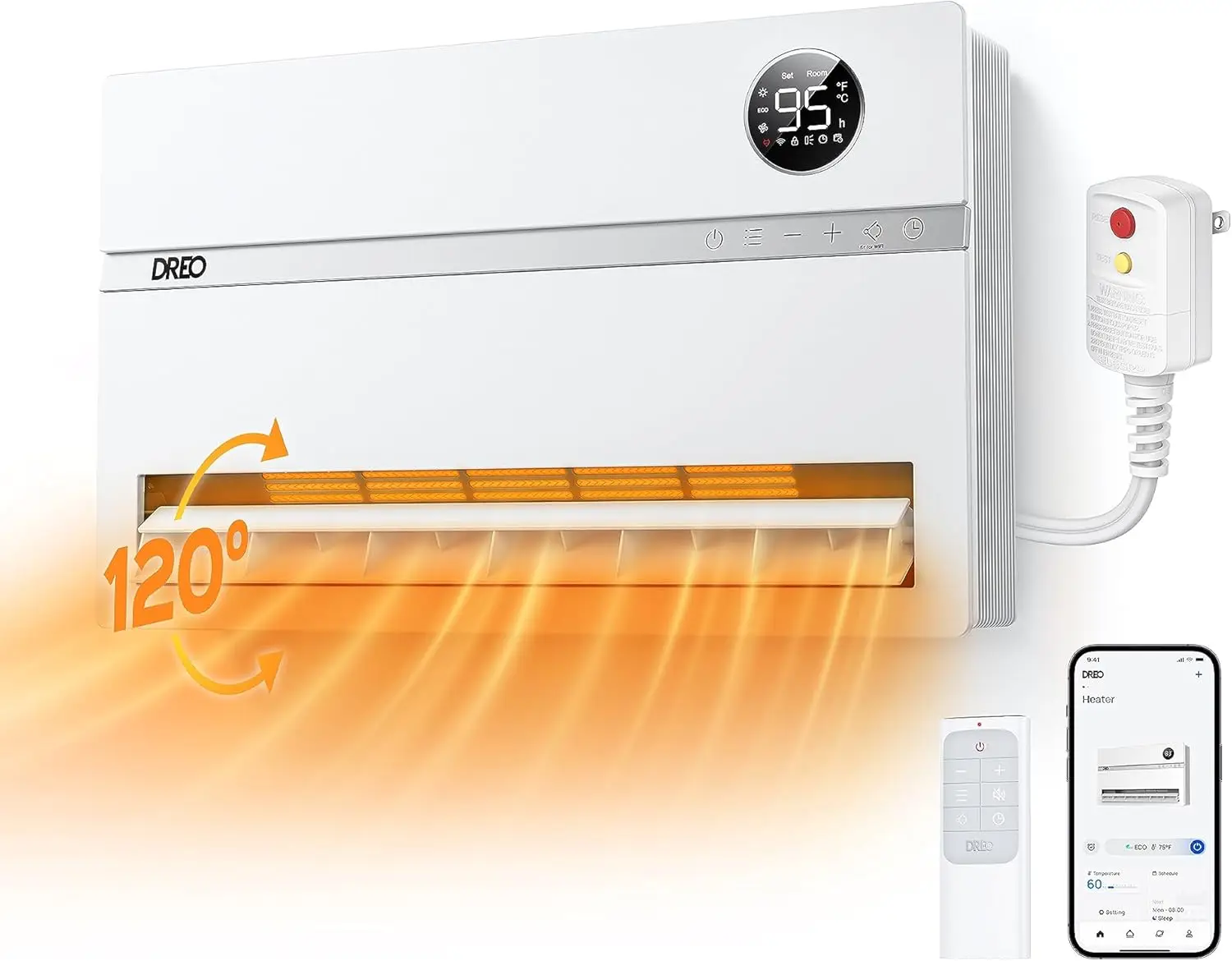 

Wall Heater for Bathroom, Smart Space Heaters with ALCI Plug, 1500W, 120° Vertical Oscillation, Adjustable Thermostat, 24H Timer