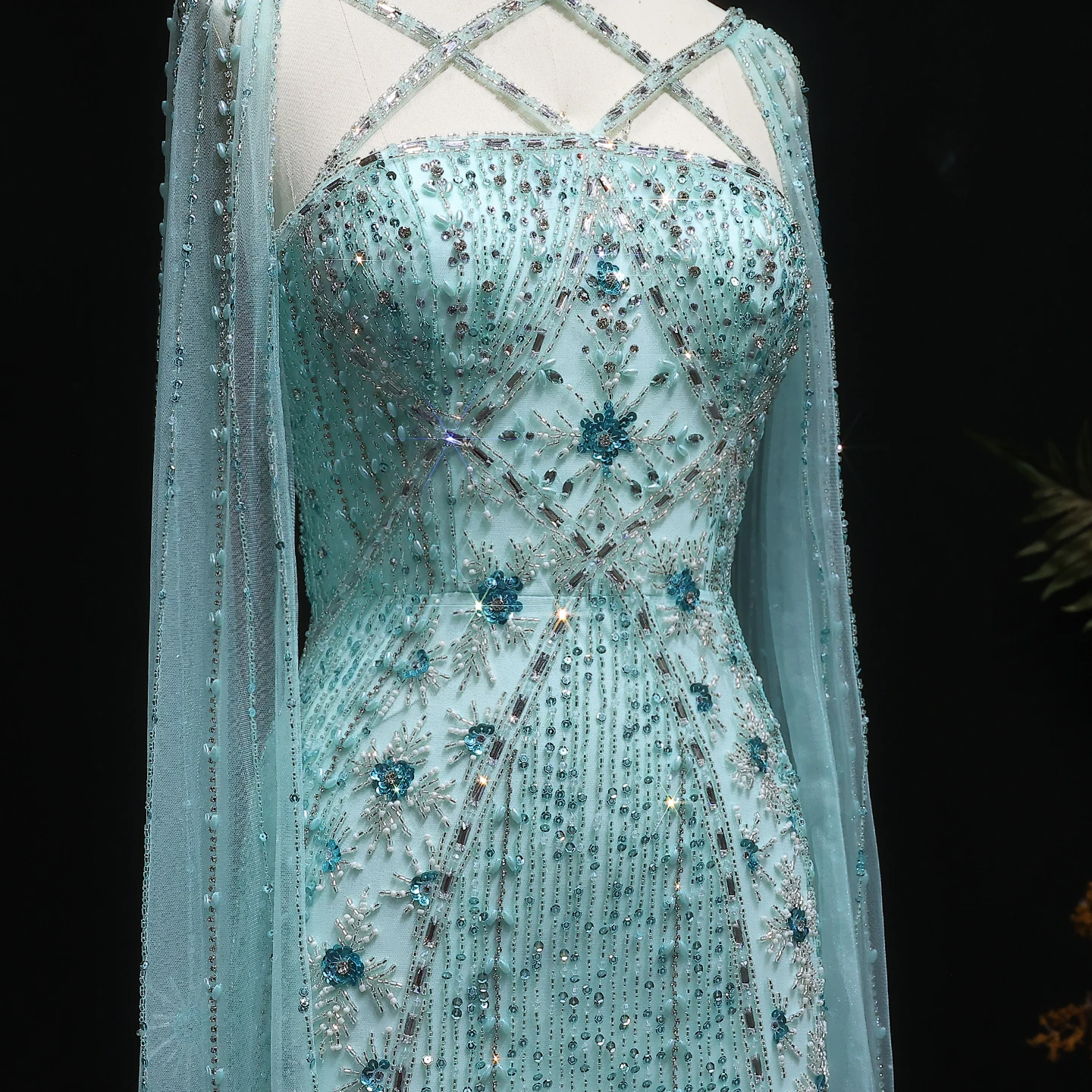 Sharon Said Dubai Champagner Meerjungfrauen-Abendkleider mit Cape-Ärmeln Aqua Criss Cross Flieder Hochzeits-Partykleid SS391 Maßanfertigung – Detail 12