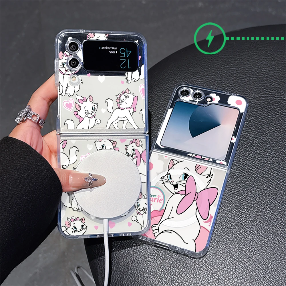 Lovely Marie Cat Wireless Charge For Magsafe Magnetic Phone Case for Samsung Galaxy Z Flip 6 5 ZFlip 4 3 Flip6 Flip5 5G Cover