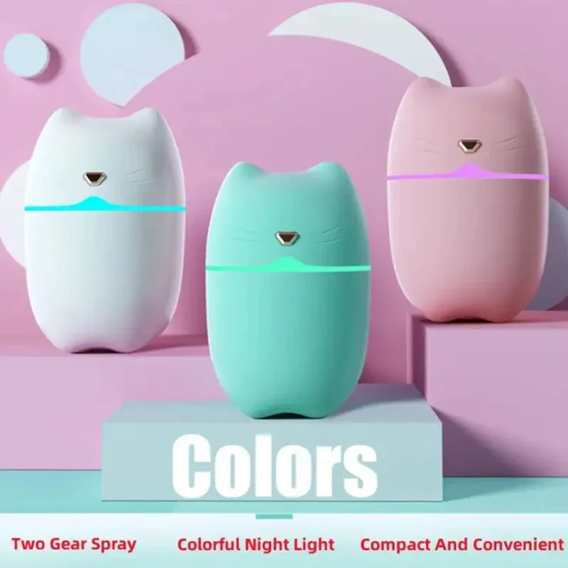 Compact 260ml Cat Ear Design Small Air Humidifier Mist Diffuser, Two Spray Modes with 7 Colors Light Changing for Car Office