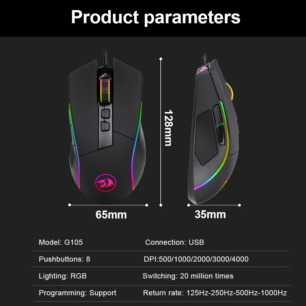 REDRAGON Lonewolf G105 RGB Mouse da gioco cablato USB 8000 DPI 8 pulsanti Mouse ergonomico programmabile per Computer Laptop PC Gamer