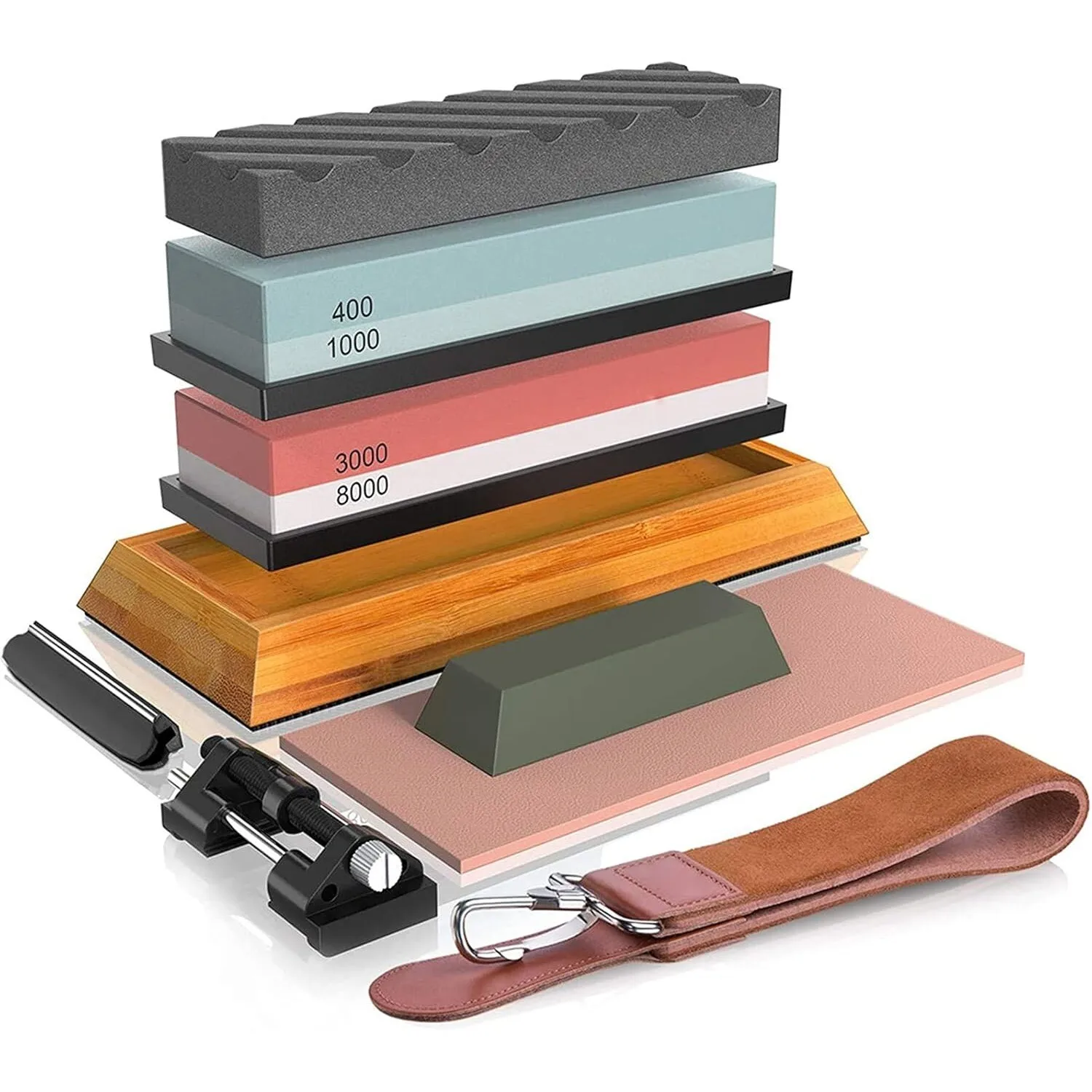 

The sharpening stone consists of 4 sides with abrasive grit sizes of 400/1000 and 3000/8000.