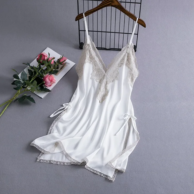 Nightgown Women Backless Home Dress Lingerie Sexy Summer Satin Nightdress Lace Bathrobe Gown Strap Sleepwear Loungewear