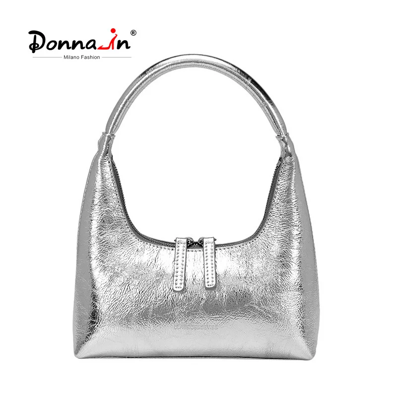 Donna-in Women Silver Handbag Split Leathe Texture Zipper Underarm Bag for Evening Party Female Mini Half Moon Bag