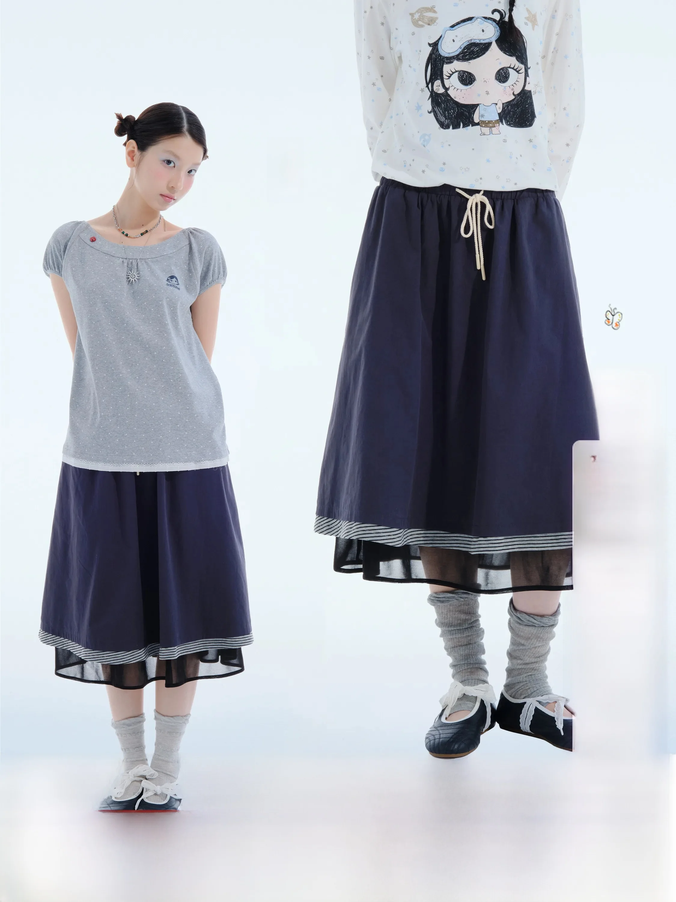 Middle-Length A-Line  Skirt Pure Cotton Patchwork Fake Two-Piece Design Youthful Student-Friendly Belted Loose Fit