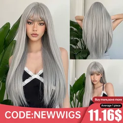 Silver Ash Gray Long Straight Synthetic Wigs Lolita Cosplay Natural Hair with Bangs for White Women Party Daily Heat Resistant