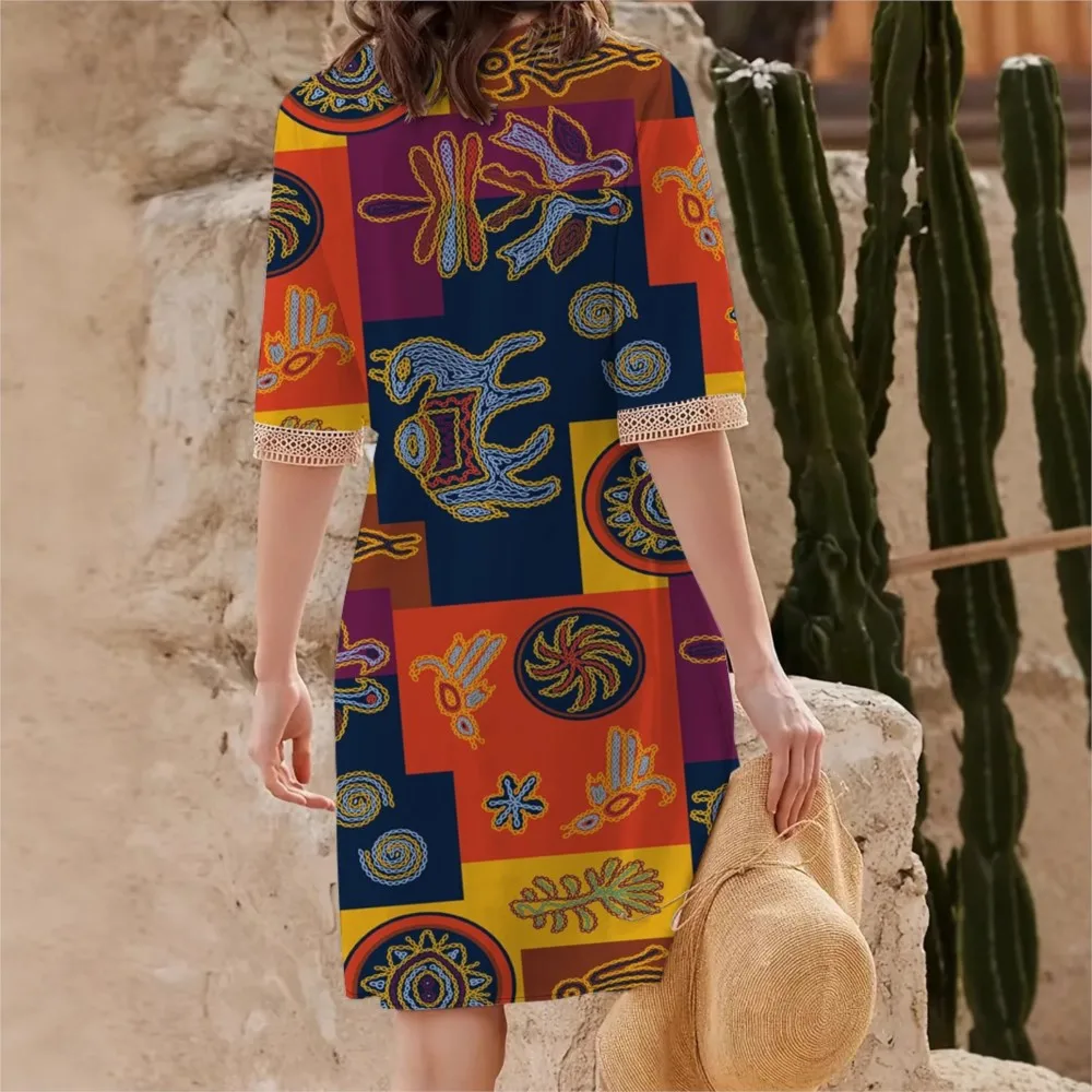 Retro Geometric Printed Lace Patchwork V-neck Pullover Dress For Women 2025 New Spring/summer Flower  Printed Dress Femme Robe