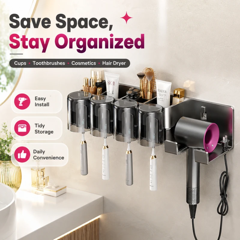 

Toothbrush holder, storage rack, no-drill mouthwash cup and hair dryer integrated bathroom wall-mounted storage rack