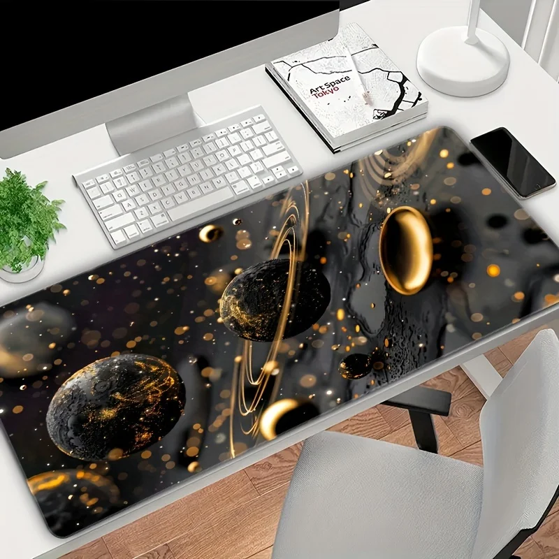 Black Gold Planets Space Mouse Pad Extra Large Rubber Non-Slip Gaming Desk Mat for Office Home