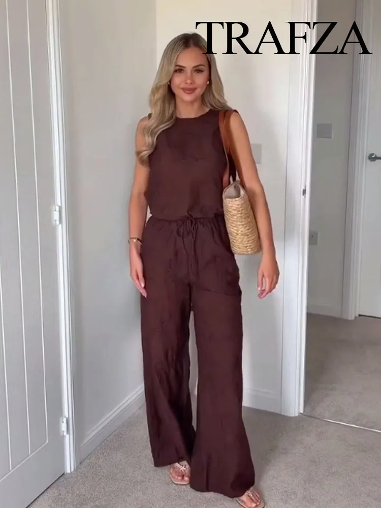 

TRAFZA Women Pants Suit Chic Embroidery Decorate O-Collar Sleeveless Vest Top+Fashion Solid Draw Rope Casual Loose Wide Leg Pant