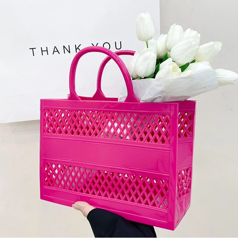 

Stylish Hollow Handbag Summer Waterproof Beach Bags Storage Basket Picnic Tote Bag Women Shopping Bags Purse Trend PVC Jelly Bag