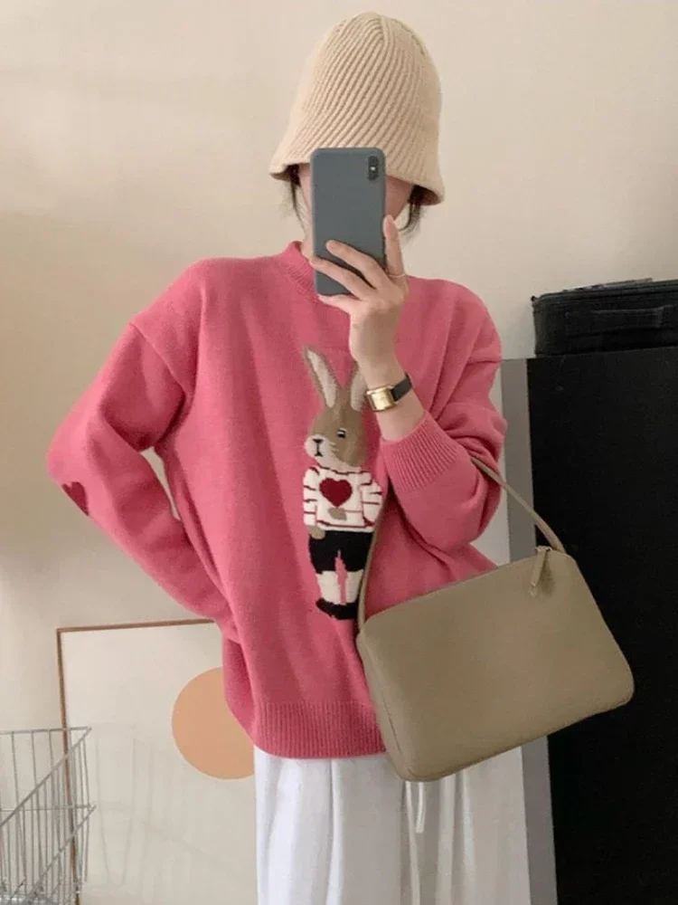 Korean Fashion Y2k Sweaters Cartoon Rabbit Jacquard O Neck Long Sleeve Knit Pullovers Autumn Loose All Match Women Clothing 2024