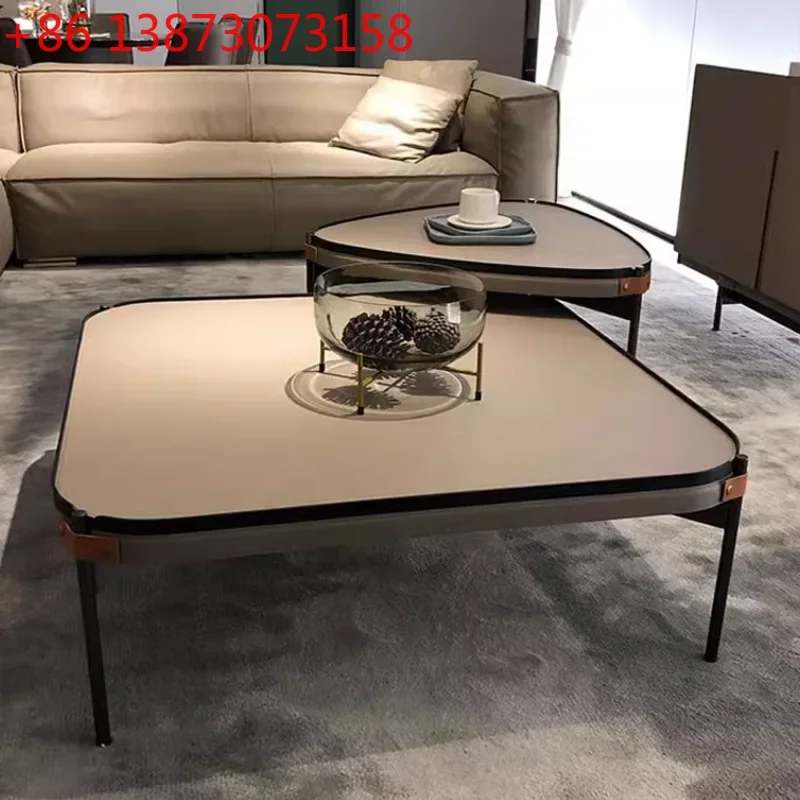 Italian minimalist coffee table small apartment living room light luxury edge table modern simple telescopic wrought iron leathe