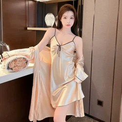 2024 Autumn 2PCS Silk Satin Sexy Lingerie Nightgowns Robes Sets for Women Korean Cute Bathrobe Sleepwear Nightdress Night Dress