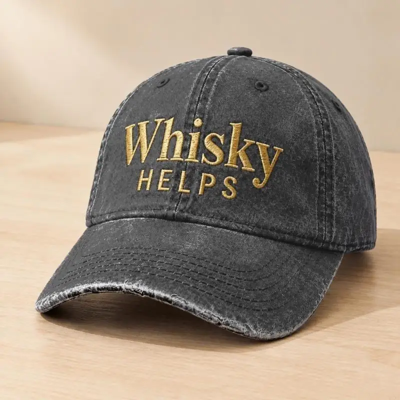 Y3NE Cotton Baseball Hat with Distressed Finish, Embroidered Whisky Helps Lettering and Foldable Cotton Cap Body for WOmen Men