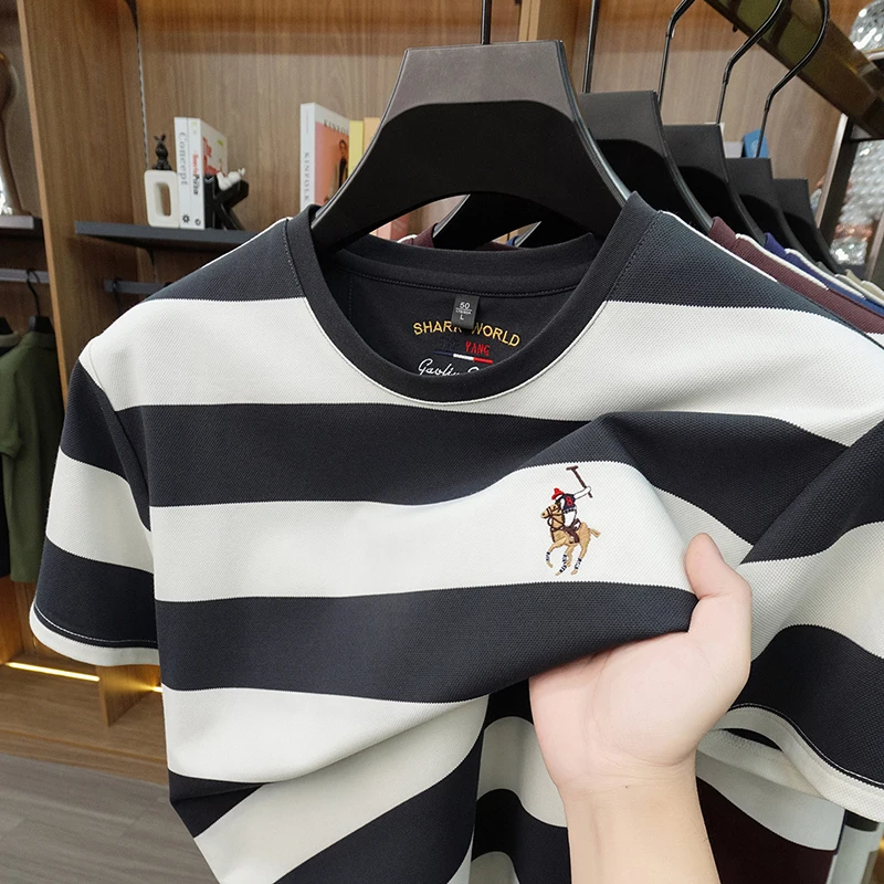 Striped Round Neck Short Sleeved T-shirt for Men's Summer Casual Loose Breathable Top Embroidered Men's Base T-shirt