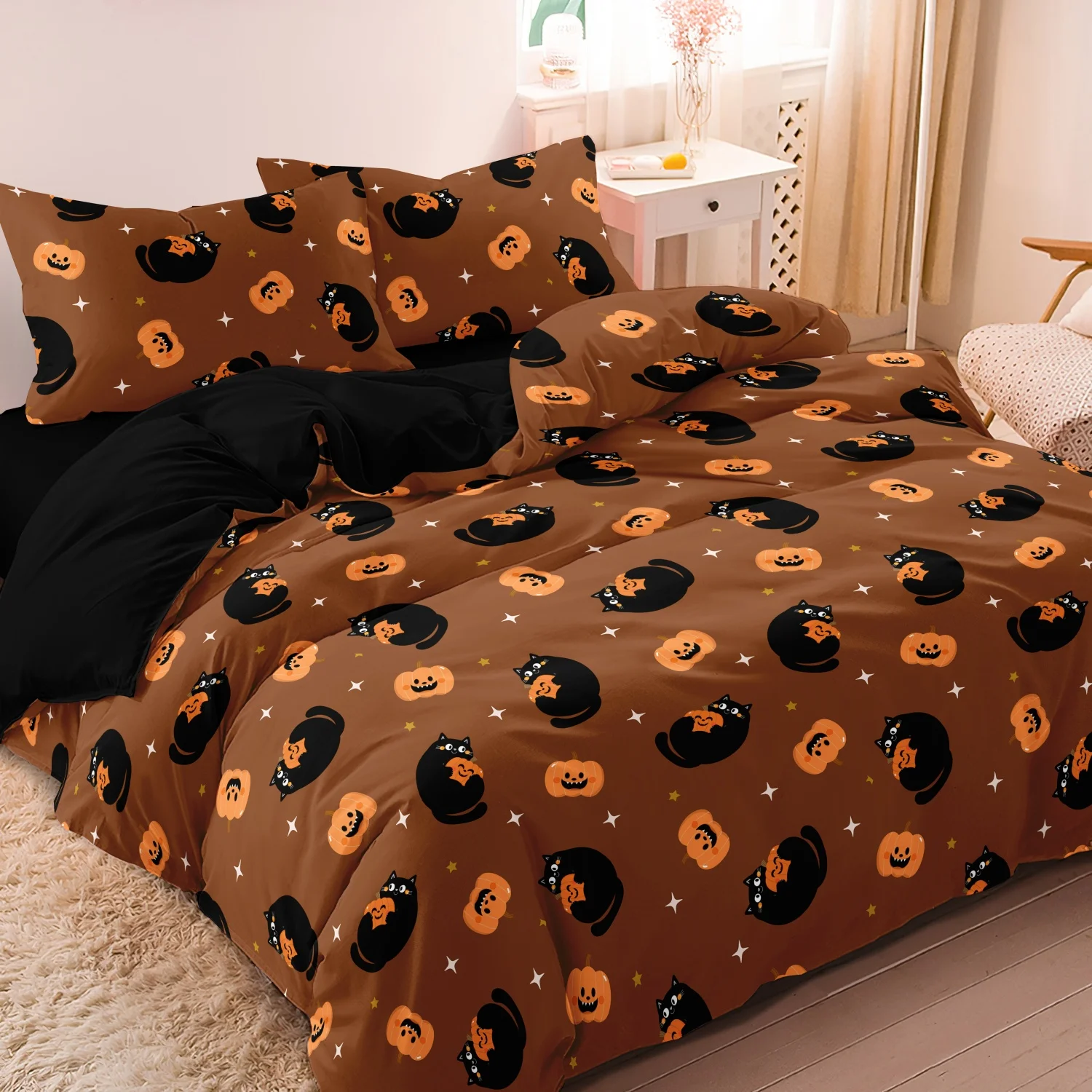 3Pcs Black Cat Pumpkin Duvet Cover Set, Brown Halloween Black Cat Jack O Lantern Star Pattern Bedding, Halloween Home Decoration