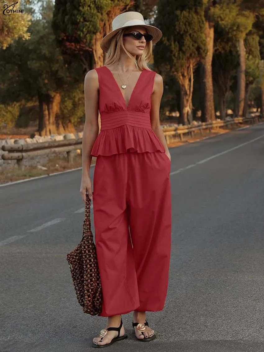 Oymimi Fashion Red Cotton 2 Piece Sets Woman Outfits Autumn V-Neck Sleeveless Pleated Open Back Blouses And Pockets Trousers Set