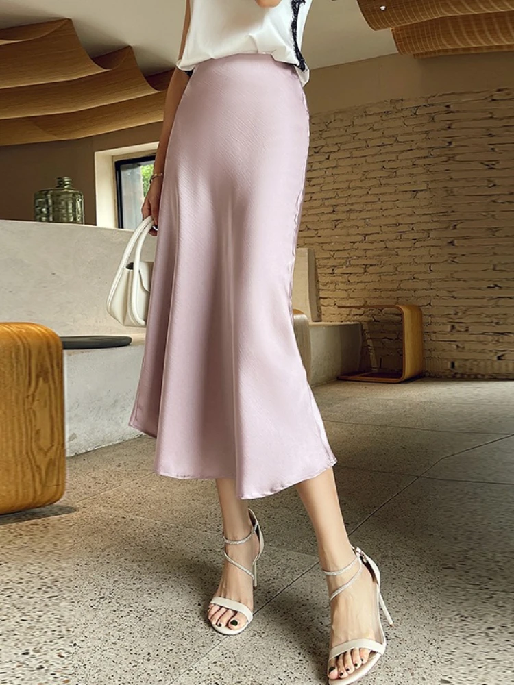 Summer Satin Skirt Women's Long Skirt Silk High Waisted Slim Fashion Korean Solid Champagne Black Midi Skirts for Women Clothing