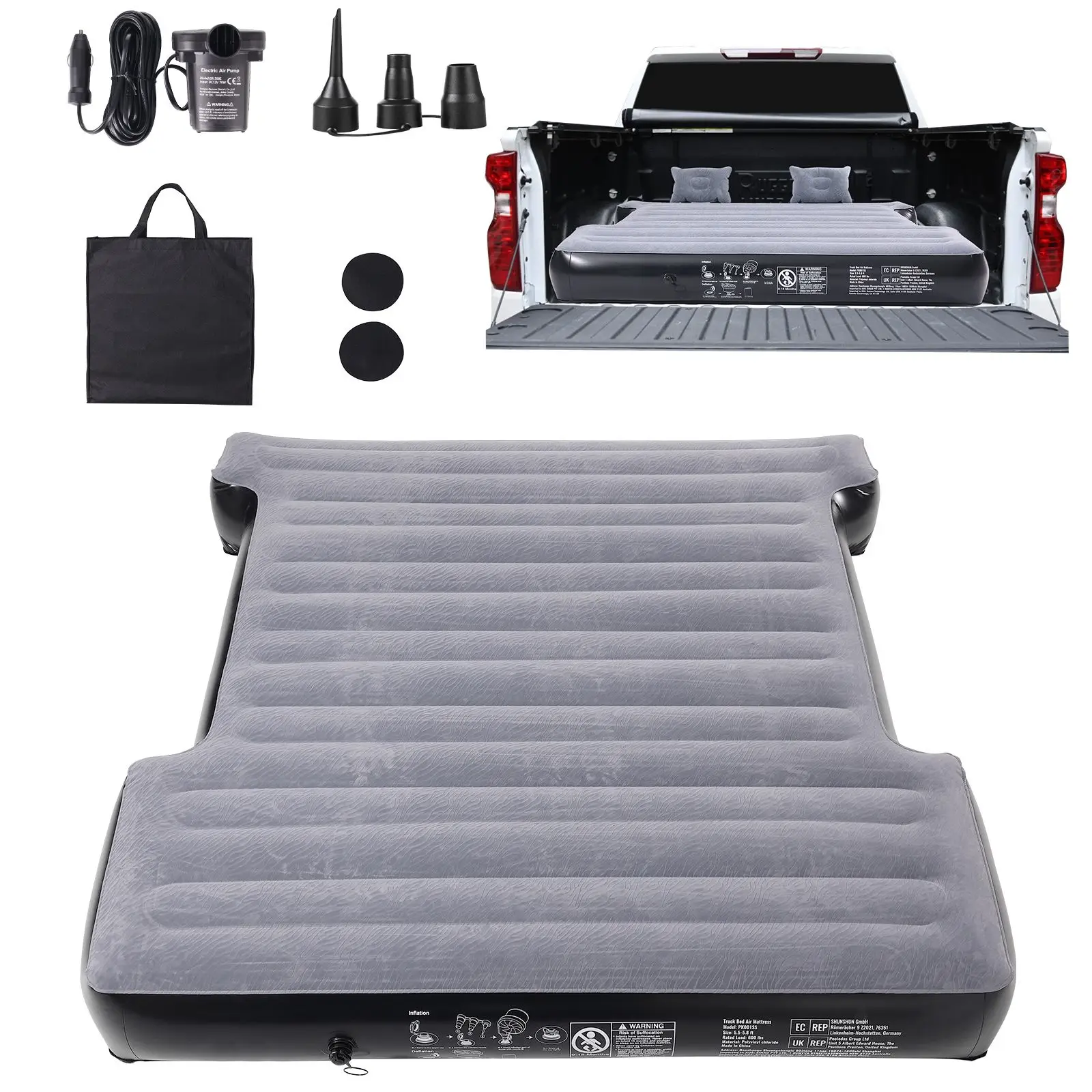 Truck Bed Air Mattress, for 5.5-5.8 ft Full Size Short Truck Beds, Inflatable Air Mattress Camping Bed with 12V Air Pump 2 Pillo