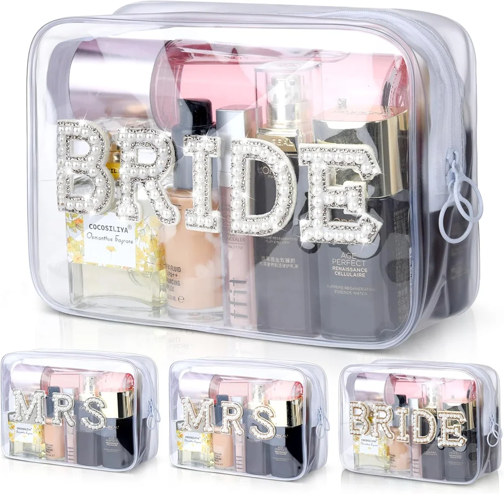 

Bride Pearl Letter Clear Makeup Bag Bridal Shower Gifts MRS Cosmetic Bag Wedding Bachelorette Party Supplies Swim Waterproof