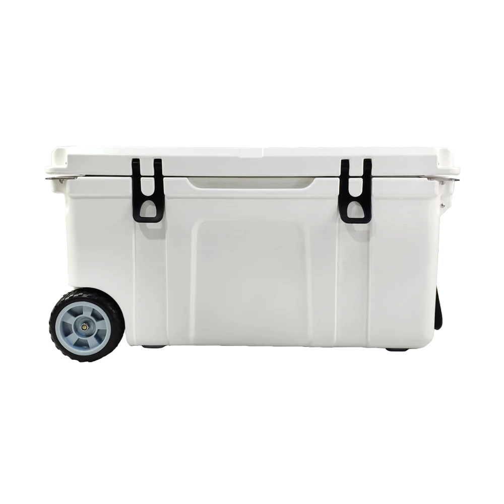 80 QT roto molded plastic ice chest cooler box with wheel, cooling box for outdoor camping and fishing