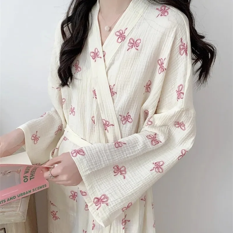 

Spring and Summer Women's Hot Selling Morning Gown, Bathrobe, Women's Printed Bow Loose Robe, V-Neck Long Sleeved Home Nightgown