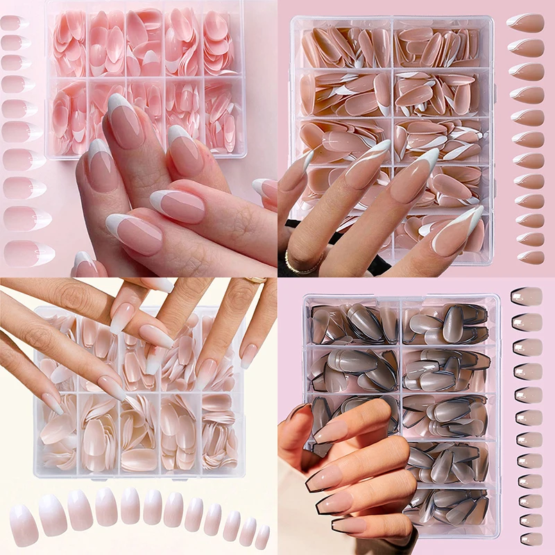 120/240/360Pcs/Box Glossy Soft Gel Pink French Nail Tips Medium Almond White Simple Press On Nails Huge Capacity False Nails