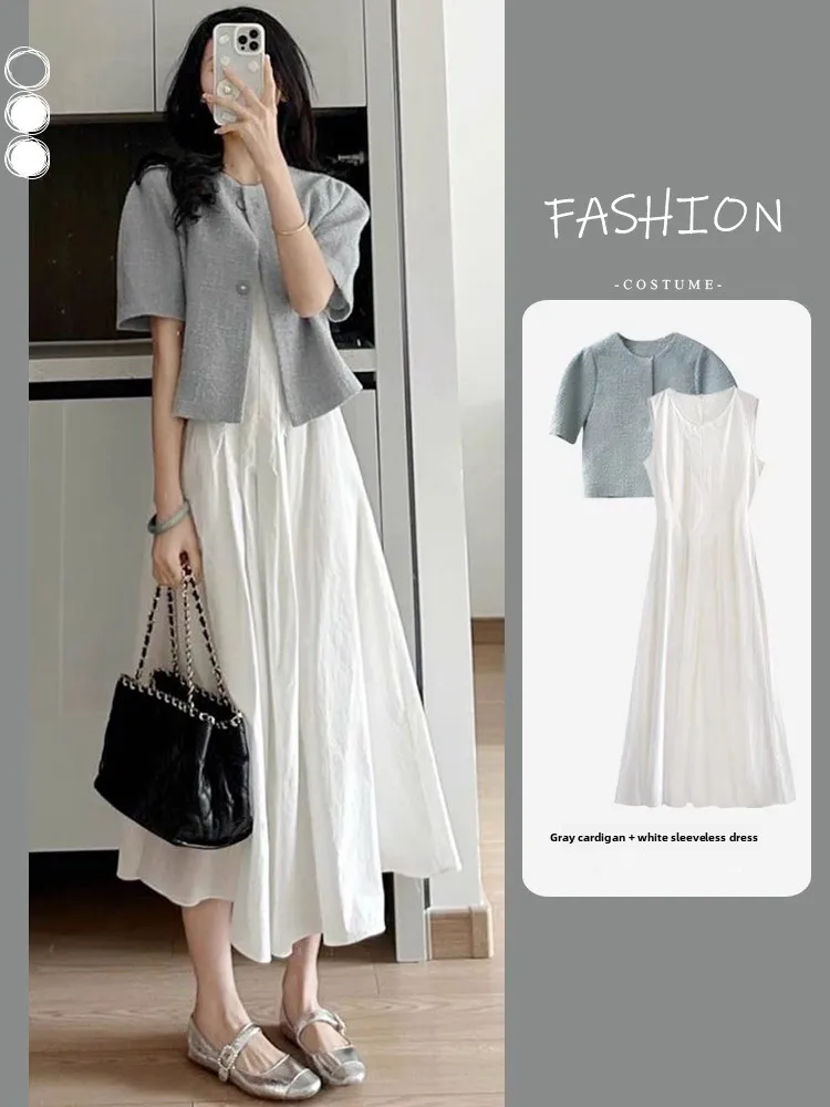 ชุดฤดูร้อนสำหรับผู้หญิง ชุดชาซีรีส์เกลือหวาน สไตล์เอไลน์เอวสูง ชุดเดรสสเวล เสื้อกั๊กสเวล ชุดเซ็ต ดูอ่อนเยาว์และสดใส