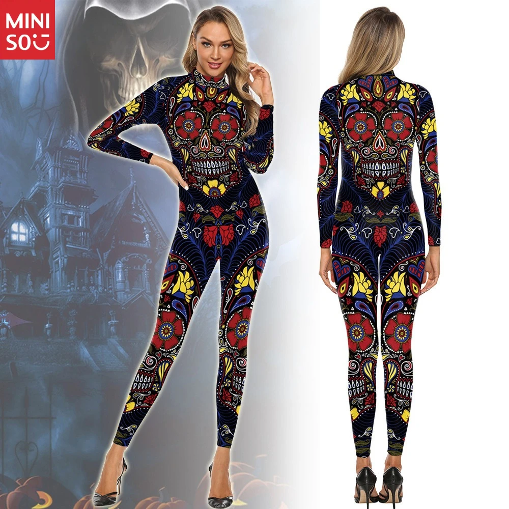 

Miniso 2025 Halloween 3D Print Bodysuit for Women | Fitted Long Sleeve Jumpsuit, Performance Costume