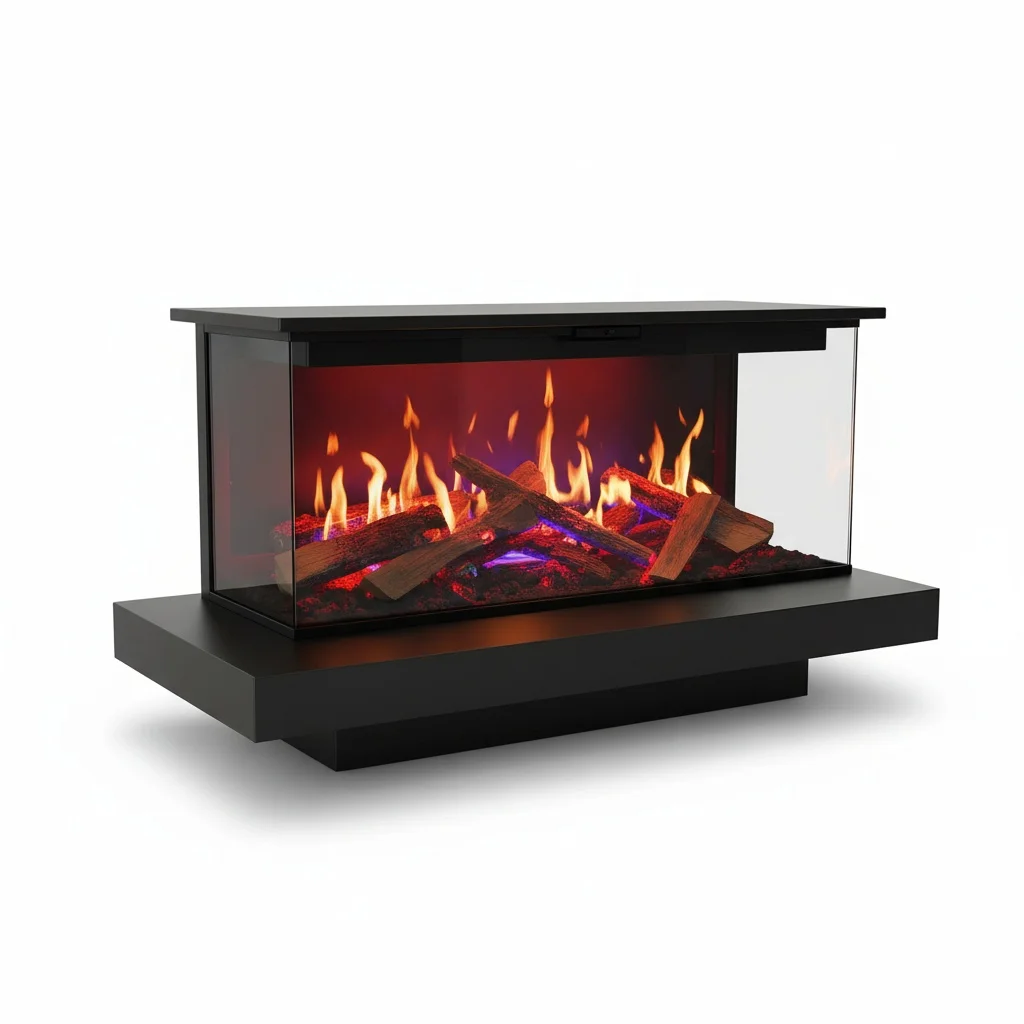 Holographic Electric Fireplace, 3-Sided LCD Screen Fireplace, Metal Built-In Fireplace Insert, App Controlled Flame Heater, Home