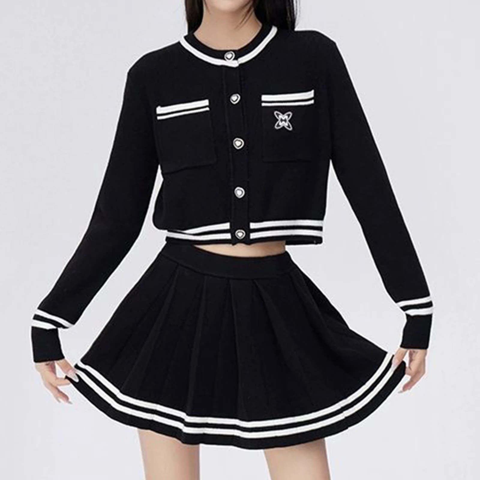 Color Contrast Knitted Half Skirt Set Women\'s Academy Style Two-piece Set Short Cardigan+Pleated Short Skirts Spring Autumn New