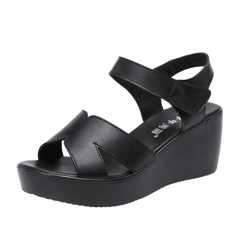 Small Plus Size 33-43 Soft Leather Shoes Women Med Heels Wedges Sandals 2024 Summer Thick Platform Sandals Office Beach Mom