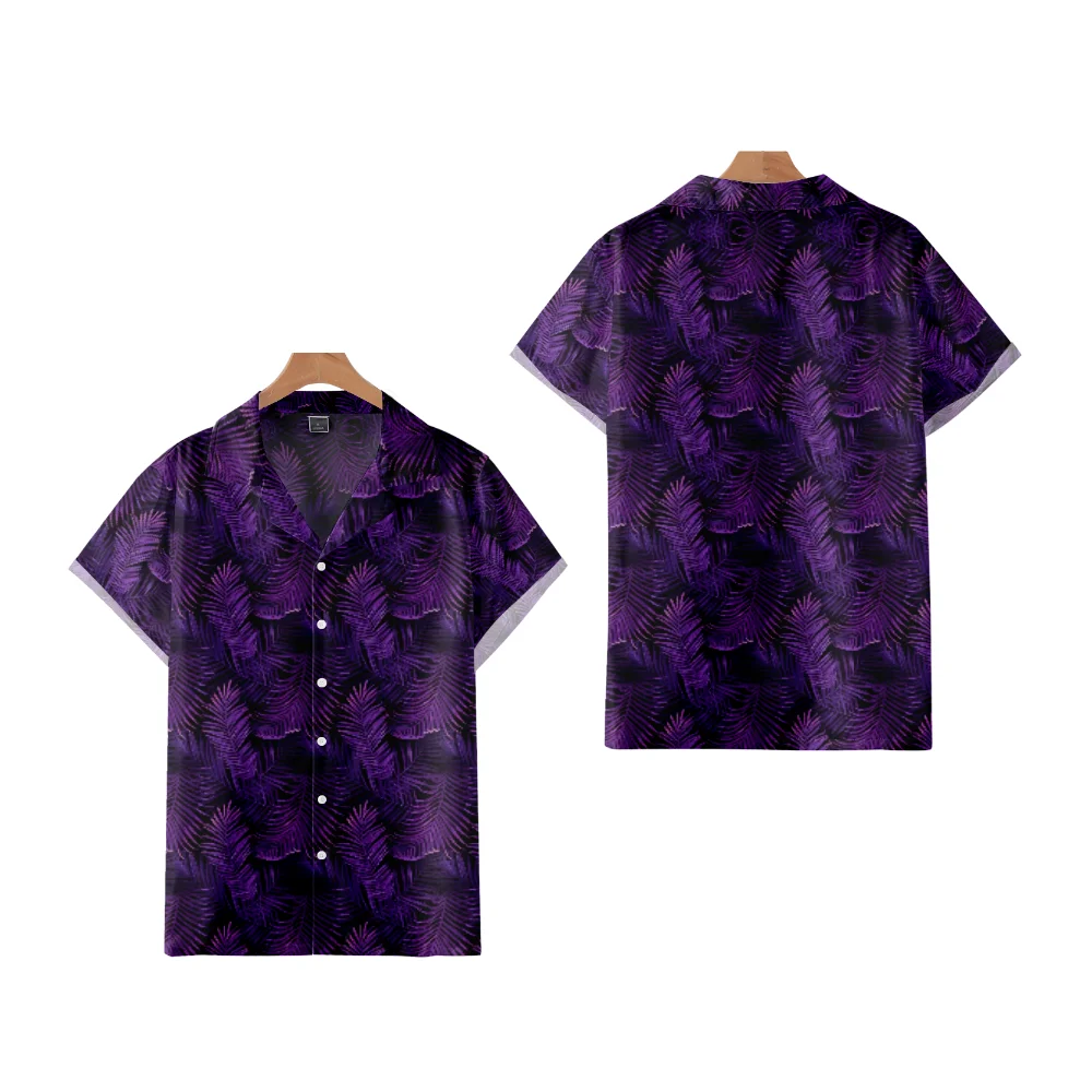 

Hawaii Shirts for Men Purple Leaves Summer Short Sleeve Oversize Tops Vaction Casual Men's Clothing