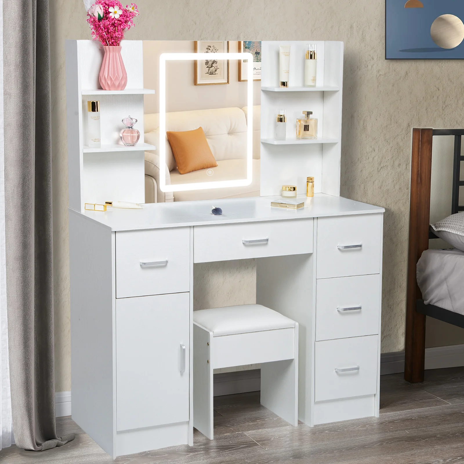 Makeup Vanity Table with Drawers, Vanity Desk Set with Shelves, Dresser Desk and Cushioned Stool Set White