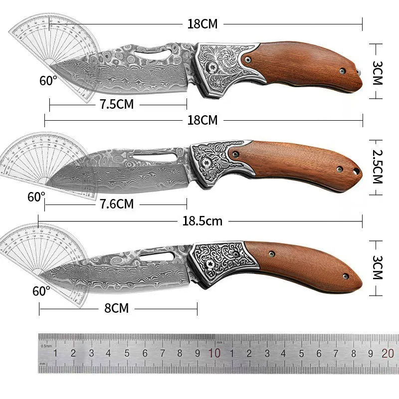 Coltello pieghevole Nuovo stile Il manico in legno Coltello da tasca per strumenti EDC da campeggio all'aperto con lama in acciaio di Damasco manuale puro