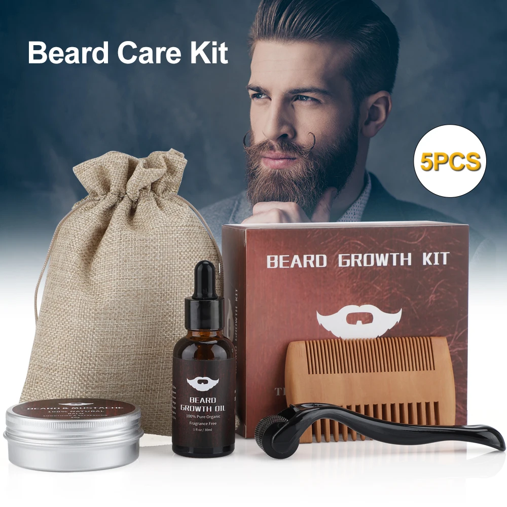 5pcs Beard Growth Kit Men Barbe Hair Enhancerbeard Essentiall Oil Grooming Beard Care Oil Moisturizer Wax Balm With Comb