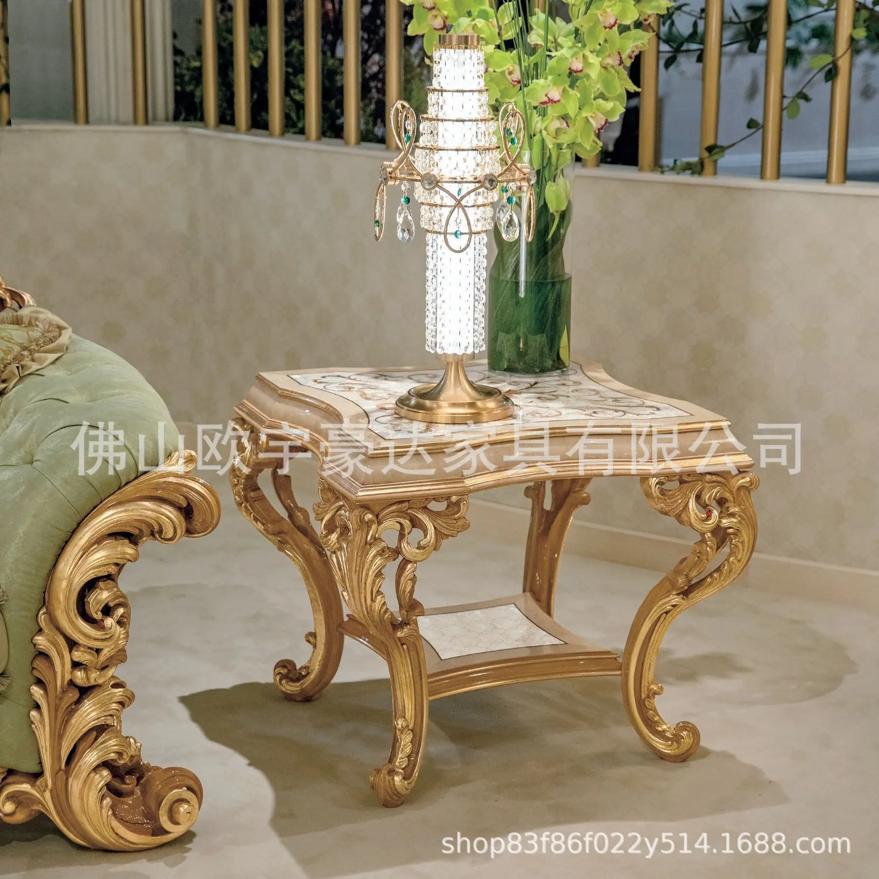 European-style solid wood carved shell parquet small coffee table