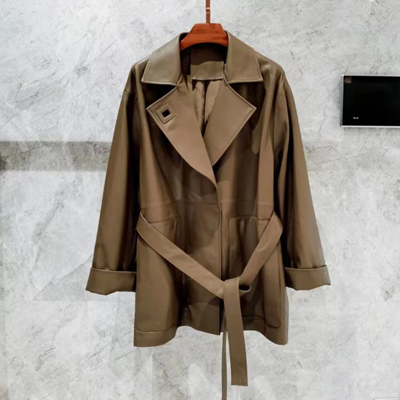 Spring Autumn Belt Real Leather Trench Coat Women Lambskin Lady Loose Outerwear