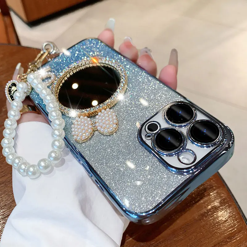 15promax Case with Pearl Lanyard Cover For iphone 15 14 plus 13 12 11 pro max 7 8 X Luxury Bling Glitter Mirror Case iphone15pro image 5