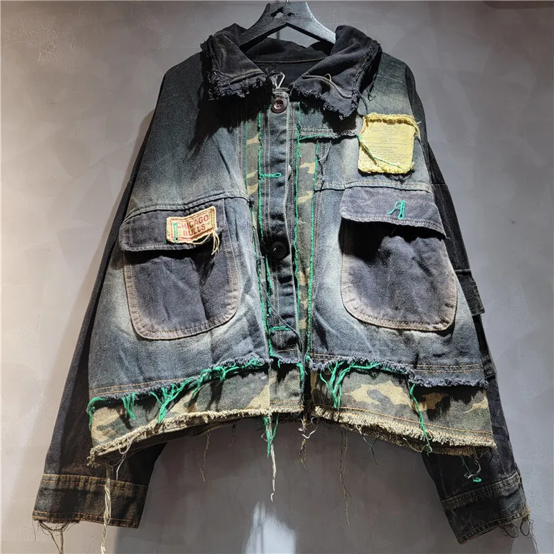 WTHT New Fashion Women's Patchwork Camouflage Do Old Denim Jacket Elastic Waist Harem Jeans Female 2025 Autumn 1LS2462 view 3