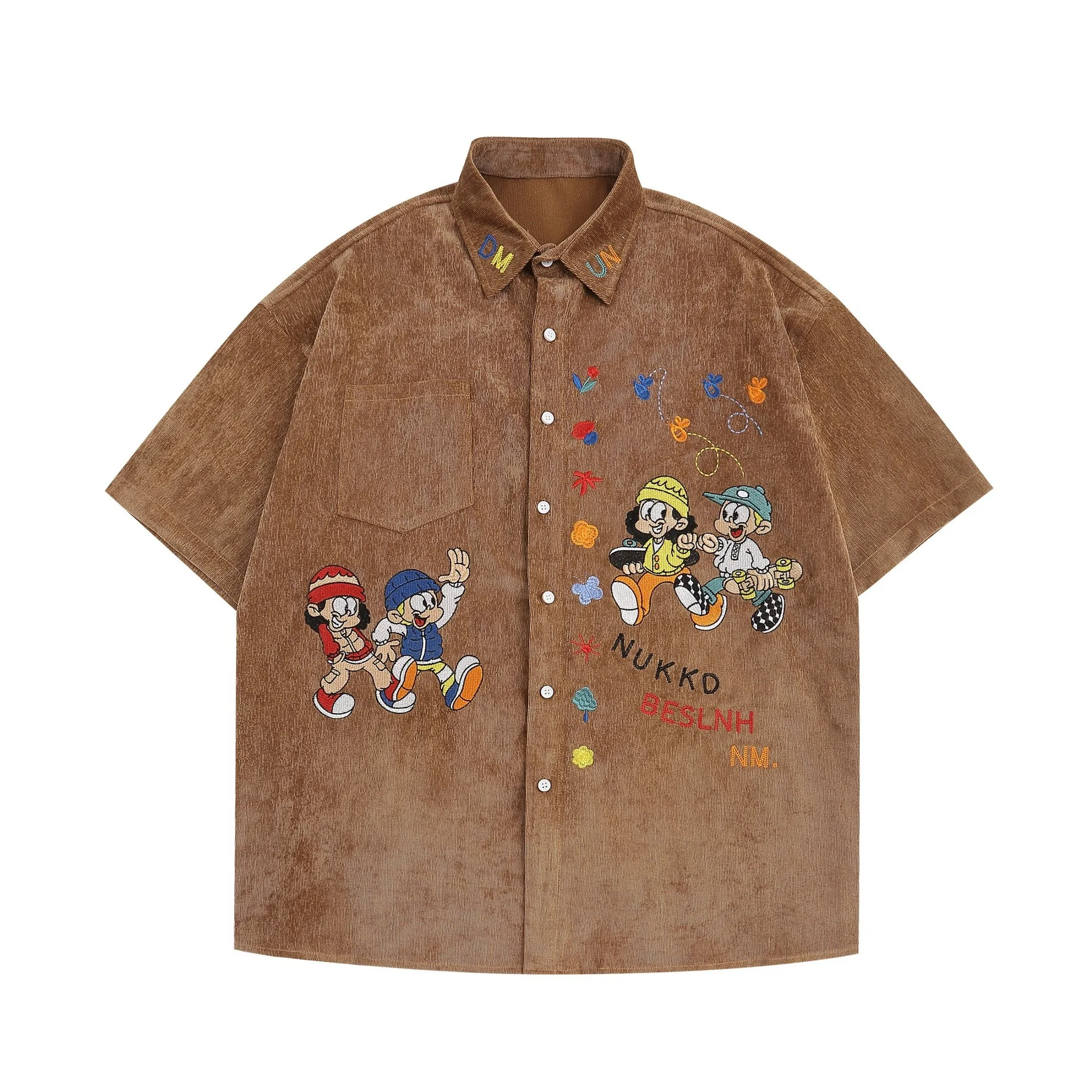 Hip Hop Corduroy Short Sleeve Shirt For Men & Women Korean Style Cartoon Letter Embroidery Chic Tops Summer 2023 Y2K Streetwear