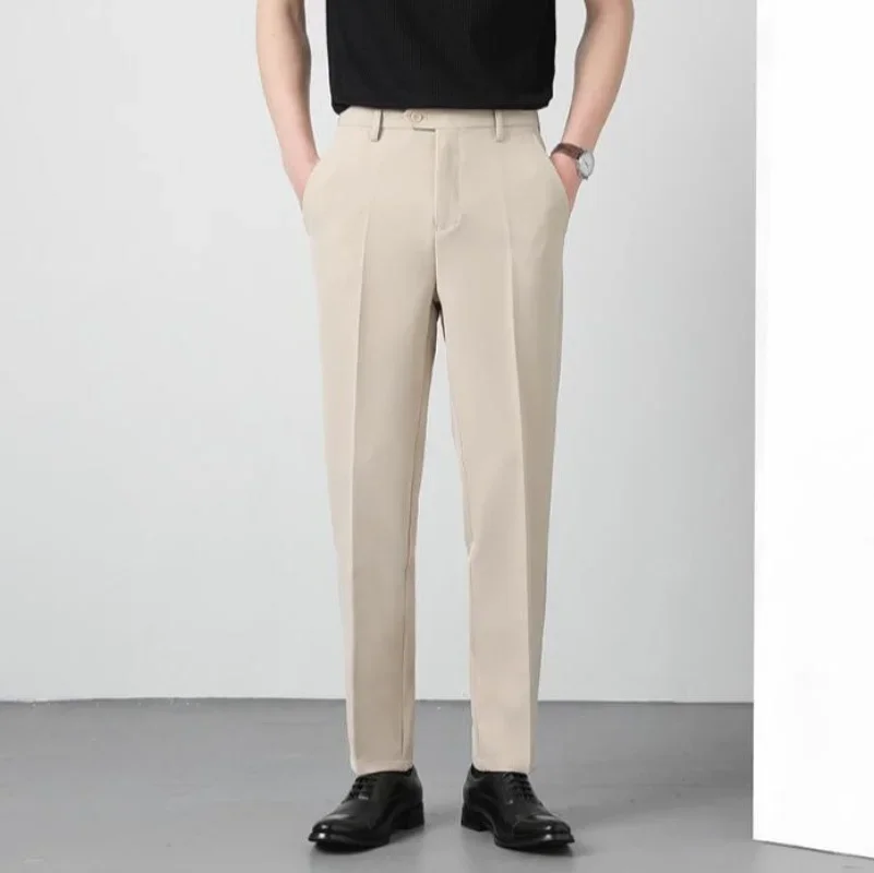 Spring Summer Suit Pants Men Business Smooth Slim Business Office Social Elastic Waist Ankle Length Formal Korean Trousers Male