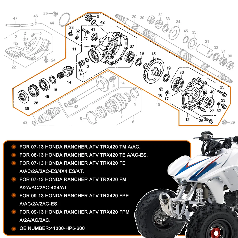 Rear Differential Assembly For 07-13 Honda Fourtrax Rancher ATV420 TRX420FE/FM/FPE ES4x4 41300-HP5-600 41300HP5600 VR-SDC14