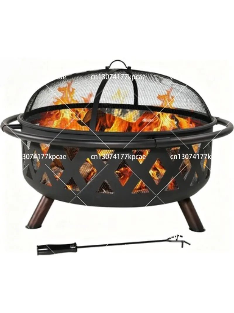 Outdoor Wood-Burning Fire Pit with Spark Screen, Poker and Round Cover for Patio