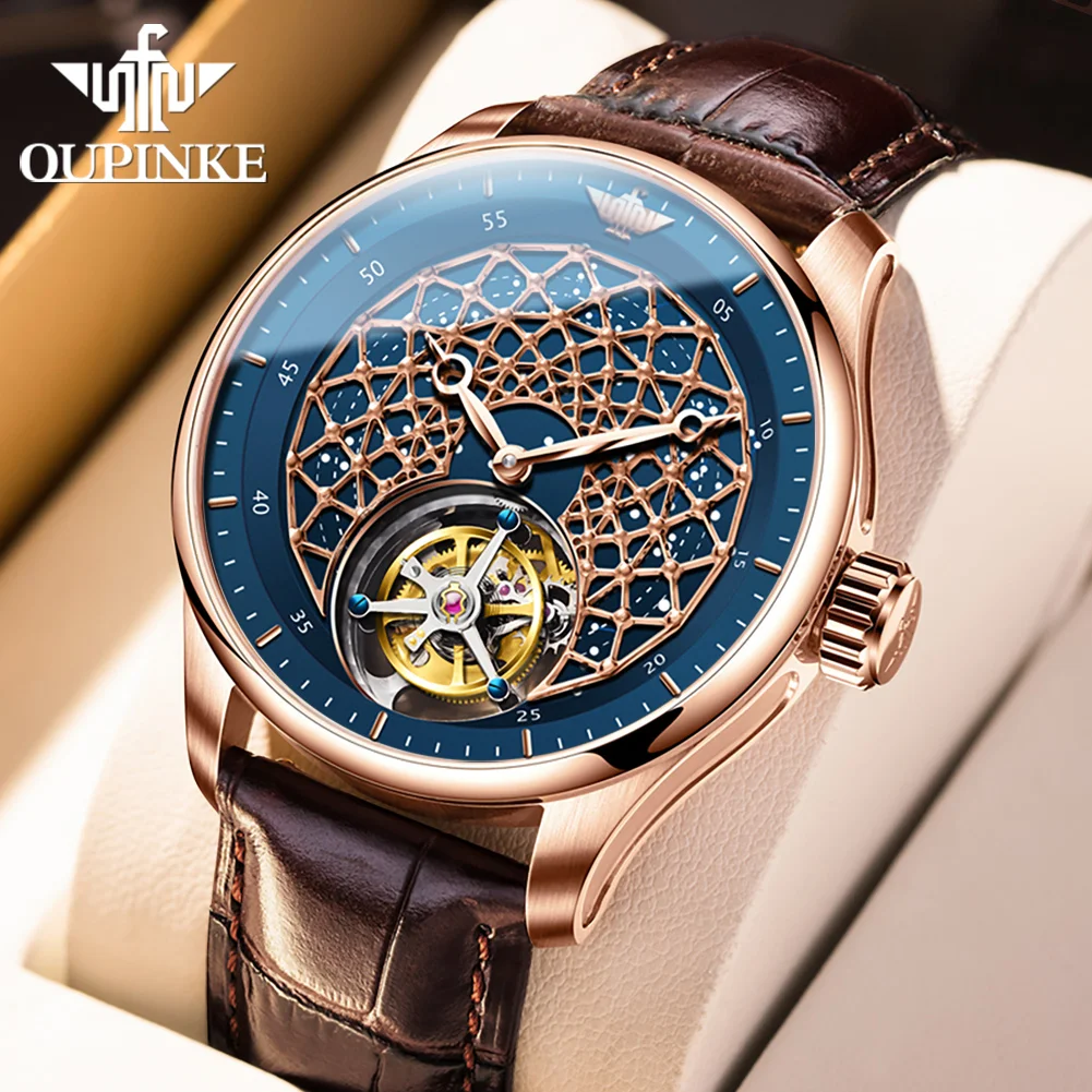 OUPINKE 8002 High end Tourbillon Watch Spider Web Dial Leather Strap Sapphire Mirror Deep Waterproof Man Wristwatches