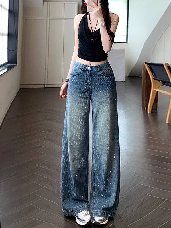 

American Retro Low Waist Rhinestone Denim Pants Women's Autumn 2025 New Loose Straight Wide Leg Long Trousers Design Sense