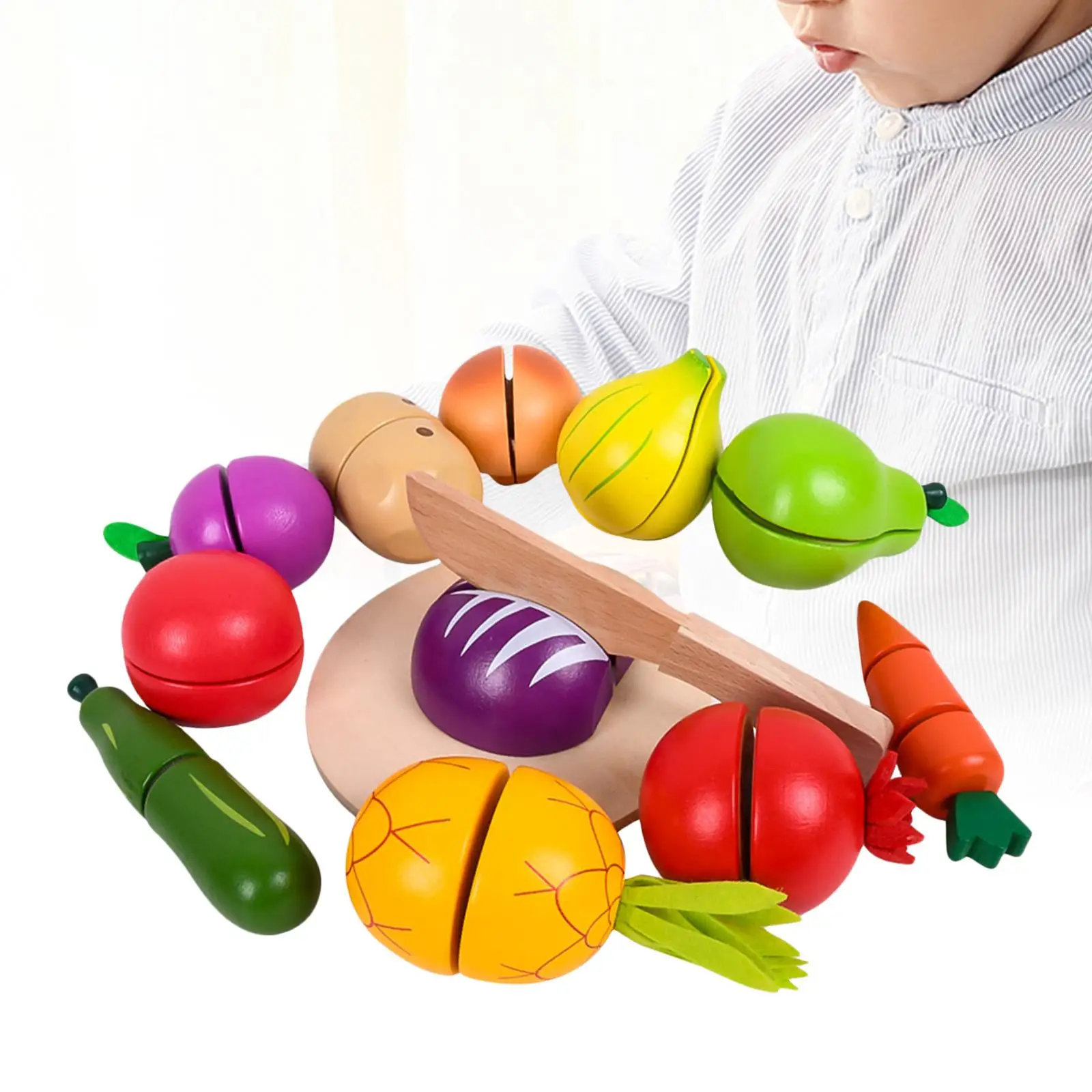 13Pieces Kitchen Toys Cutting Fruits Toys Simulation Educational Wooden Learning Toy Pretend Food Playset Kids Holiday Gifts