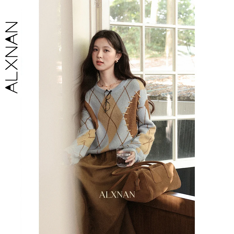 ALXNAN レディース カーキ スエード フリース スカート 2025 エレガント 秋 Aライン プリーツ 刺繍入り ミドル丈 カジュアル スカート L57717